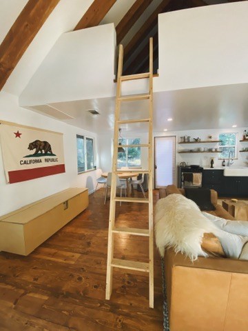 Warm furnished interior of Little Pine cabin